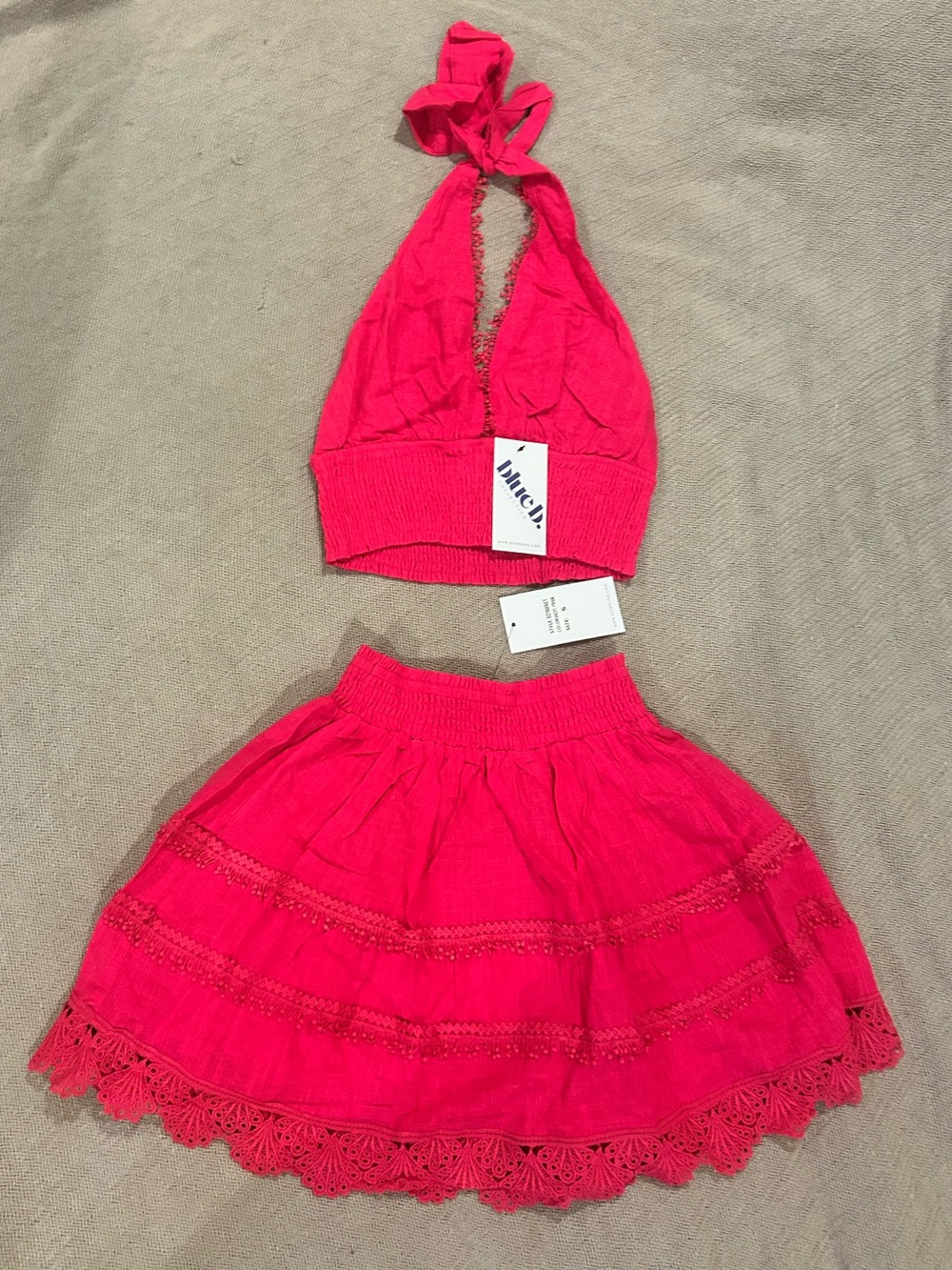 Unbranded Hot Pink Tiered Lace-Trim Skirt and halter top